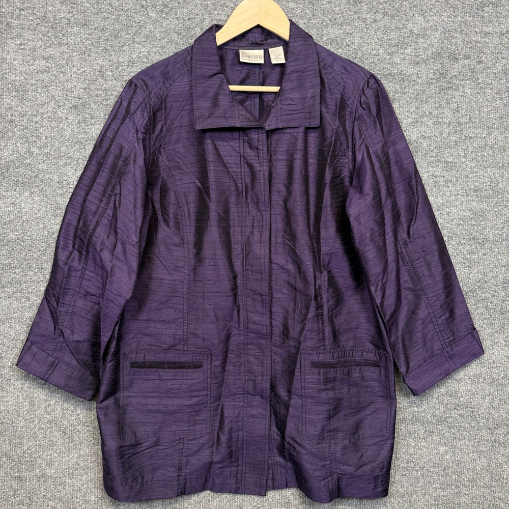 Chico's Womens Size 2 Large Jacket Top Purple Silk Hidden Buttons Layering